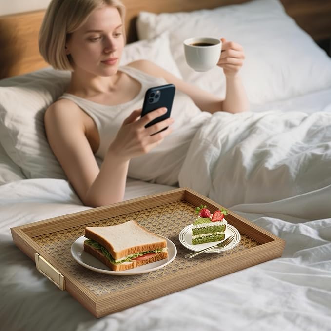 Rattan Woven mesh Wooden Tray, Metal Handle, 2-Piece Food and Beverage Tray, Coffee Table, Breakfast, Dinner and bar, Kitchen, Party (Rattan Weaving/Large+Small)