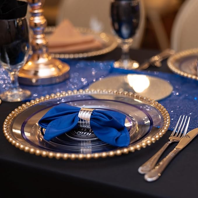 13" Charger Plates - Set of 12 - Gold Round Acrylic Disposable Chargers with Beaded Rim, Ideal for Dinner Party Wedding Bulk Events