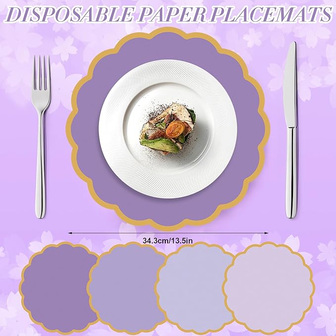 100 Pcs Purple Paper Placemats 13.5 Inch Disposable Scalloped Colorful Pastel Round Table Place Mats with Gold Edges, Decorative Colors Mats for Birthday Wedding Bridal Shower Banquet Tea Party