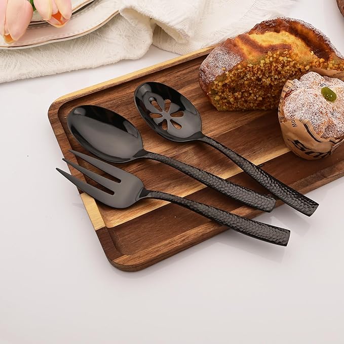 6 PCS Hammered Serving Utensils, Uniturcky Stainless Steel Serving Spoons Set, Square and Thick Hostess Serving Set, Includes 2 Serving Spoon 2 Serving Fork and 2 Slotted Spoon, Mirror Black