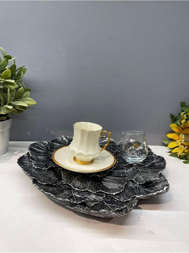Leaf Shaped Serving Tray Decorative Polyester Silver and Black Antique Finish Abstract Home Decor, 12x10 Inch - Silver and Black Antique, One Size