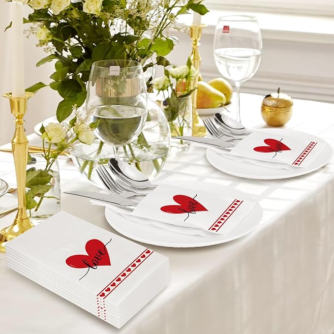 50 Pack Linen-Feel Paper Napkins with Built-in Flatware Pocket, Prefolded Cloth Like Disposable Dinner Napkins Pocket for Kitchen Wedding Bridal Shower Birthday Party Decor (Valentine Love)