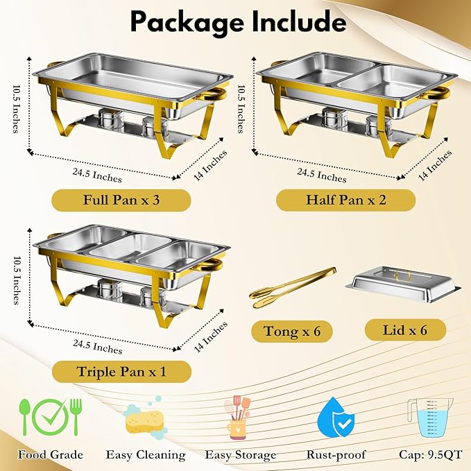 Gold Chafing Dishes for Buffet Set of 6, 9.5QT Chafing Dish Buffet Set, Chafers and Buffet Warmers Set, Stainless Steel Food Warmers for Parties Buffet, Party Food Warmer Buffet Set with Tongs