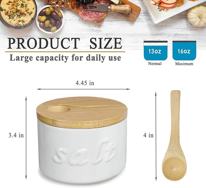 Salt Cellar with Lid and Spoon, 16 OZ Airtight Salt Container for Countertop, Ceramic Storage Container for Spices, White