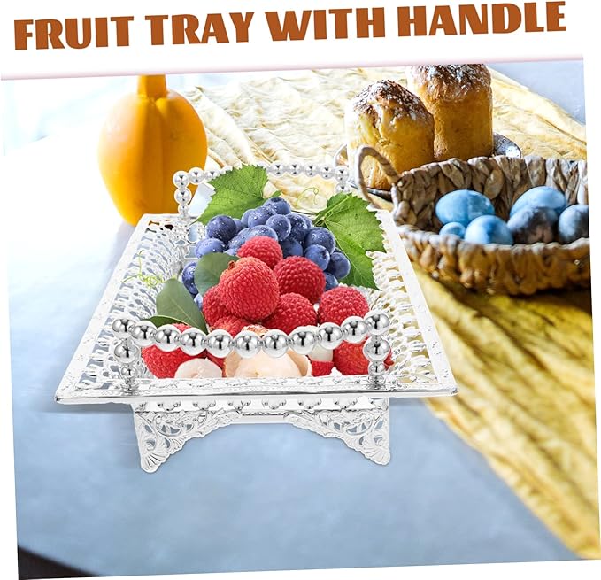 GLEAVI Nordic Style Metal Fruit Serving Tray with Handle Mirrored Silver Snack Storage Dish for Parties KTV and Home Decor Decorative Candy Nut and Dried Fruit Platter