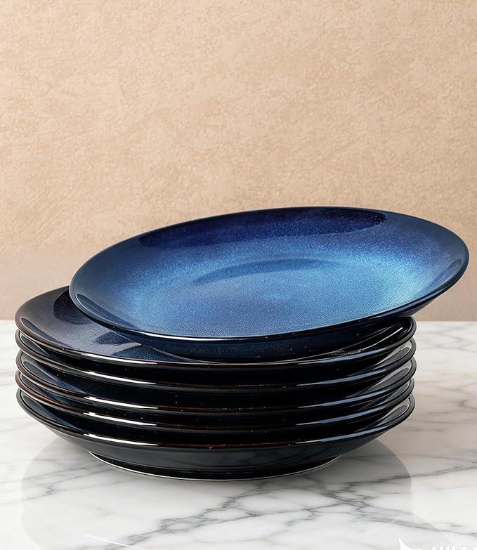 LERATIO Ceramic Dinner Plates Set of 6, 8.0 Inch Handmade Reactive Glaze Porcelain Plates, Coupe Shape Dinnerware Dishes Set for Kitchen,Oven& Microwave & Dishwasher Safe, Scratch Resistant-Blue