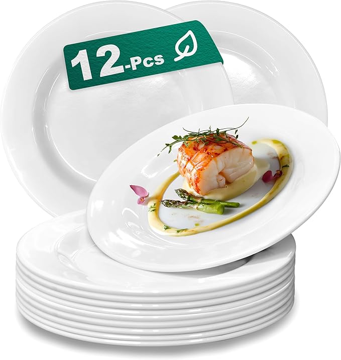12 Sets 8 Inch Plate Set Unbreakable Lightweight Dessert Plates - White Dinner Plates Dishwasher Safe Outdoor Kitchen Kids Snack Plate Scratch Resistant Reusable Gift For Wedding Home Everyday Use