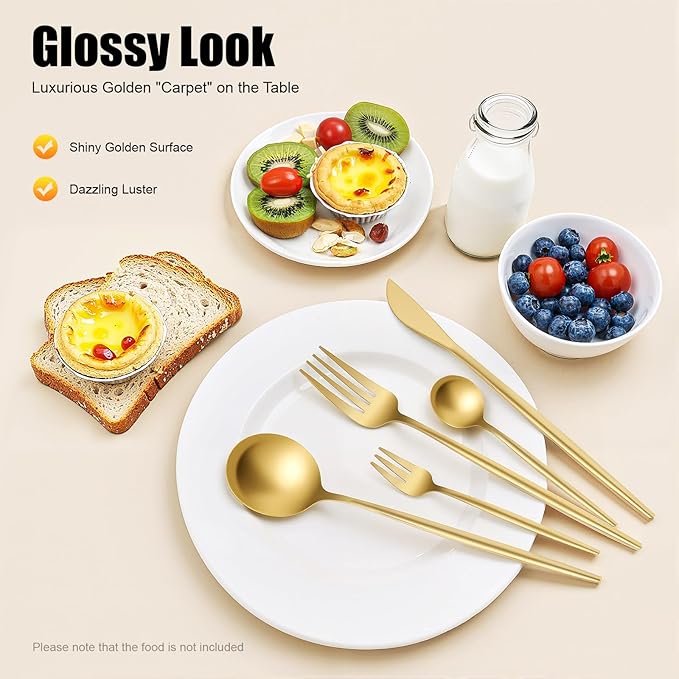 90 Pieces Gold Flatware Set, gold utensils set crafted from 410 and 420 stainless steel, gold cutlery set Include Knife Fork Spoon Set Tea Spoons Salad Forks Ideal for Kitchen Home Restaurant Wedding