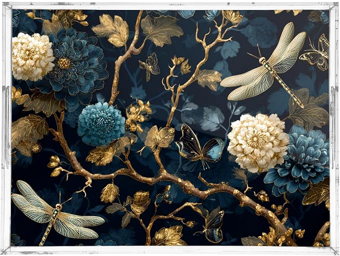 Serving Tray with Handles Clear Acrylic Tray 12x16 Inch Decorative Rectangular Tray Organizer for Ottoman Coffee Table Bathroom Mystical Flowers and Dragonflies