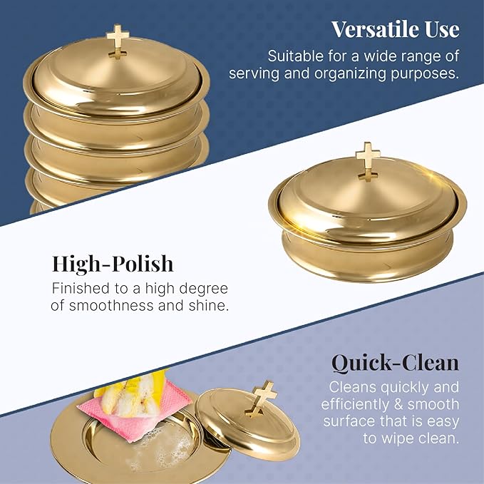 Communion Ware Holy Serving Tray Including Center Bread Plate with A Cover - Stainless Steel (Brass Mirror)