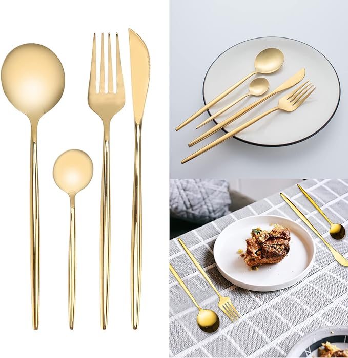24Pcs Gold Silverware Set, Stainless Steel Flatware Serving Set, Knife Fork Spoon Set for Families, Hotels, Dessert Shops, Wedding Banquets