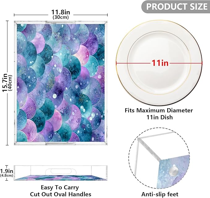 Serving Tray with Handles Clear Acrylic Tray 12x16 Inch Decorative Rectangular Tray Organizer for Ottoman Coffee Table Bathroom Watercolor Mermaid Scales Dots Purple