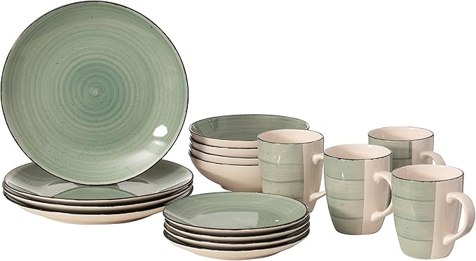 16 PC Spin Wash Dinnerware Dish Set for 4 Person | Mugs, Salad and Dinner Plates and Bowls Sets, Stylish Dishes with Highly Chip and Crack Resistant, Dishwasher and Microwave Safe, Green. QI004502.GN