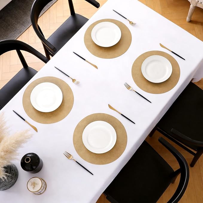 MOSAYT 13 Inch Round Vinyl Placemats Set of 8 - Faux Leather 100% Waterproof Oil-Proof Wipeable PU Place Mats, Heat Resistant Reversible Table Mats for Kitchen, Dining, Outdoor (Camel)