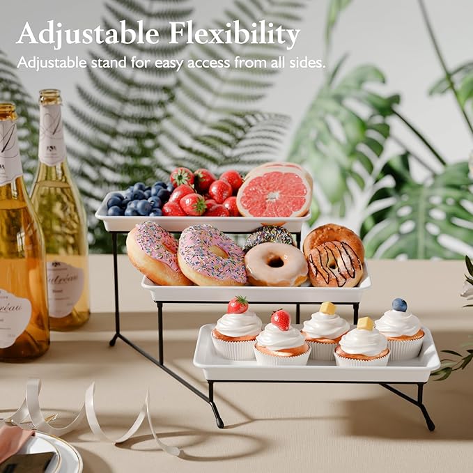 3-Tier Melamine Serving Tray Set, 11.5" x 5.6" Platters for Serving Food, White Reusable Trays with Black Metal Display Stand for Cupcakes, Sevring Food, Dessert, Fruit, Cookie, Black