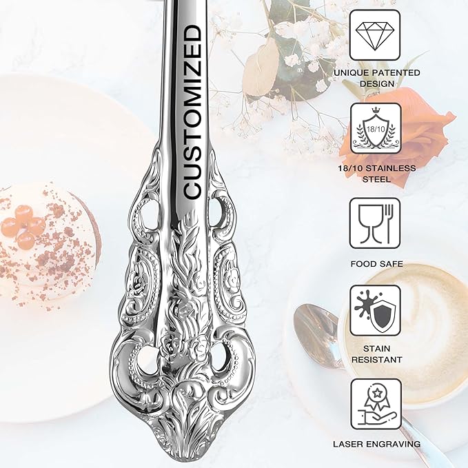 [2 Pack] Personalized Vintage Wedding Forks, Custom Luxury Dinner Forks Engraved with Name/Date, Customized Antique Baroque Flatware for Dessert Cake Salad Gift for Party Favors Engagements