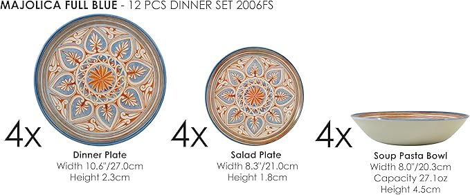Tudor Royal 12-Piece Round Porcelain Dinnerware Set, Service for 4 - Majolica Design, Multicolor Floral, Plates Bowls Mugs Dishes, Premium Quality Tableware, Unique Pattern, Glossy