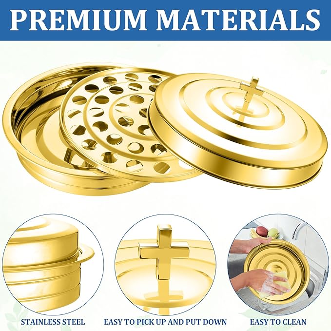 Holy Communion Tray for Churches with Lid Communion Set Stainless Steel Cup Tray with Cover Church Supplies Not Cups Included(Gold Color)