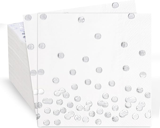 80 Pack of White Paper Cocktail Napkins with Gold Foil Polka Dot Confetti，Polka Dot Party Supplies(5 x 5 in，3-ply) (Silver)