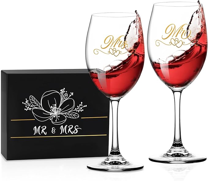 Bridal Shower Gifts Wedding Gifts Engagement Gift for Couples Newlyweds,Mr and Mrs Wine Glass Set,Wedding Glasses for Bride and Groom
