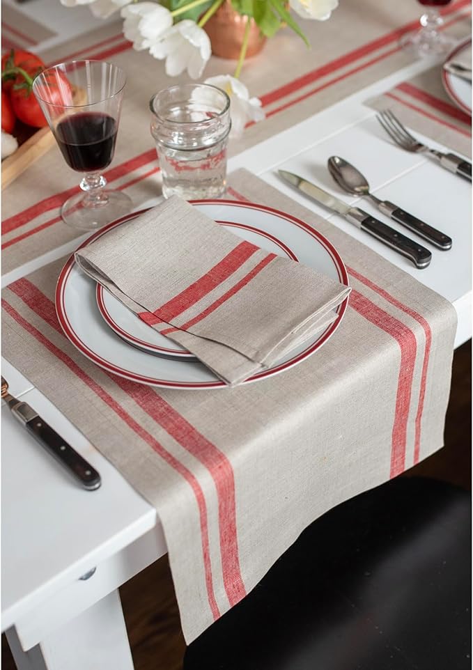 Solino Home Linen Placemats Set of 4 - French Stripe Red and Natural Placemats 14 x 19 Inch - 100% Pure Linen Table Mats for Christmas, New Year