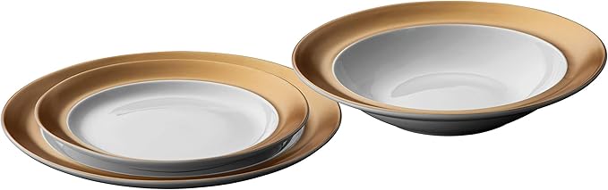 BergHOFF GEM Porcelain Set of 6pc Dinnerware Deep Plate Large & Small Plate Coffee Mug Tea Cup Saucer White & Gold Daily Serving Elegant Glossy Finish Dishwasher Safe