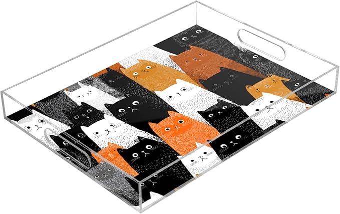Serving Tray with Handles Clear Acrylic Tray 12x16 Inch Decorative Rectangular Tray Organizer for Ottoman Coffee Table Bathroom Black and White Orange Cat