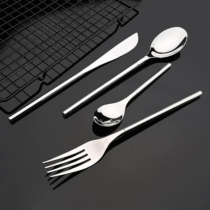 JASHII 304 Flatware Set Silver Silverware Set Mirror Polished 18/8 Stainless Steel Cutlery Set with Round Handle 24 Piece Wedding Housewarming Gift Service for 6