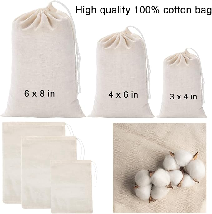 20 PCS Reusable Cotton Drawstring Muslin Bags, Natural Unbleached Cotton Cheesecloth Coffee Tea Brew Nut Milk Bags (6 x 8 inches)