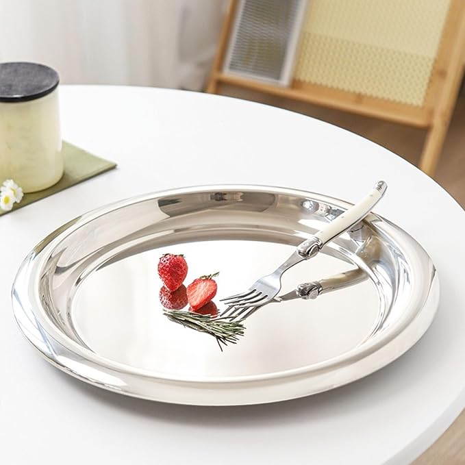 GOWENIC Stainless Steel Decorative Tray, Round Silver Serving Trays, Circular Metal Platter, Cocktail Serving Bar Tray, Decorative Metal Display for Coffee Table, Bar, Party, (Small Size)