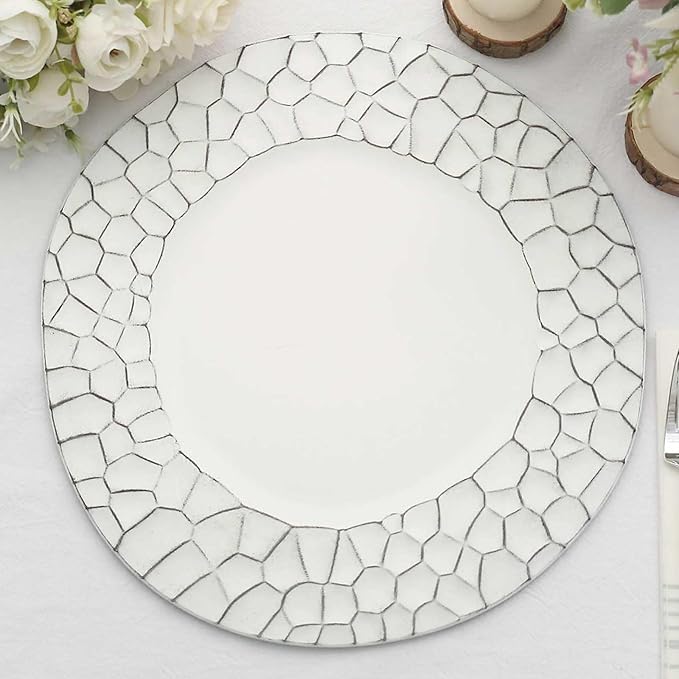 Efavormart 6 Pack | 13" Matte White Plastic Hammered Rim Dinner Charger Plates, Decorative Disposable Irregular Round Serving Plates