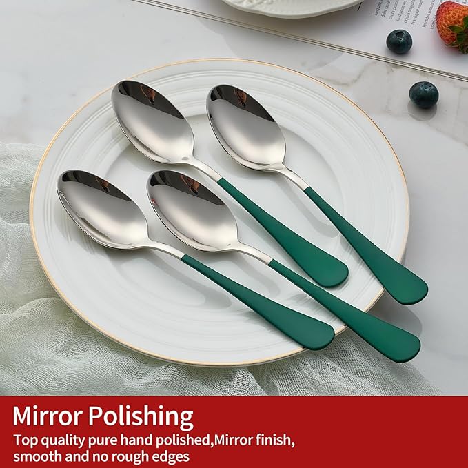 green Dinne spoons Set 12 Piece,Green Handle Silverware 18/0 Stainless Steel Flatware Bulk7.3-inch Dessert Spoons Sets Table of 12,Mirror Finished Dishwasher Safe