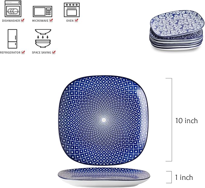 Selamica Porcelain Square Dessert Salad Pasta Steak Plates 10 inches ceramic plates set of 6 microwave/dishwasher/oven safe, Vintage Blue