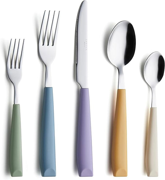 ANNOVA Silverware Set Stainless Steel Colorful Handle Tableware Kitchen Flatware Set Utensils, Includes Dinner Knives, Forks, Spoons, Salad Forks & Dessert Spoons (Morandi Mix, 20 Pieces)