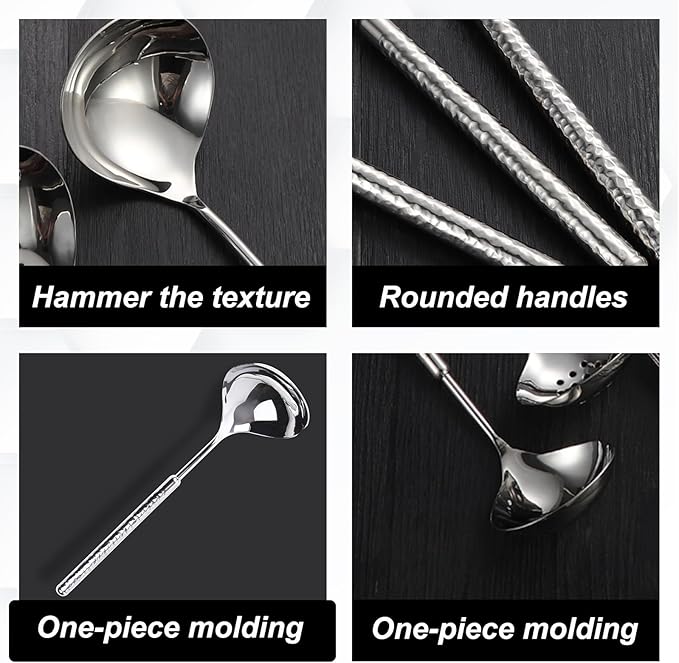 18/8 Stainless Steel Soup Ladle Small, 9.4" Metal Ladle Spoon for Soup Gravy Hot Pot Restaurant, Rustproof Kitchen Utensil Dishwasher Safe, Hammered Design with Round Handle