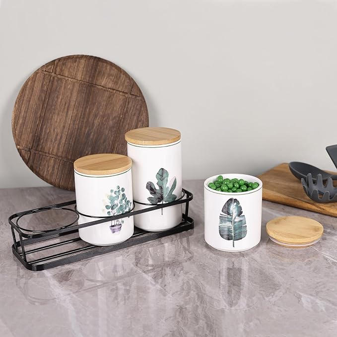 Ceramic Canister Set for Kitchen Countertop - A Set of 3 Kitchen Canisters with Tiered Shelf, Airtight Countertop Flour and Sugar Containers, Coffee and Tea Storage (Green plants A)
