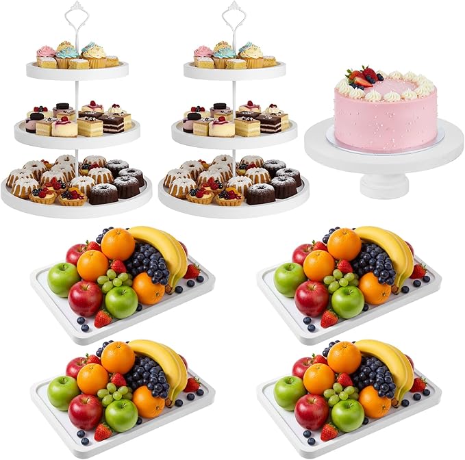 7 Pcs Wood Dessert Table Display Set Wooden 3 Tie Cupcake Stands Rustic Round Cake Stand Wood Dessert Serving Trays for Christmas Party Baby Shower Wedding Birthday(White)
