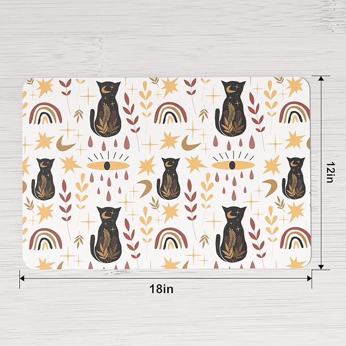 QIYI Placemats Set of 6, 12x18 Inch PU Leather Place Mats for Kitchen Dinning, Heat Resistant Anti Slip Folk Table Mats, Waterproof Wipeable Washable Placemat Party Table Décor, Boho Black Cats