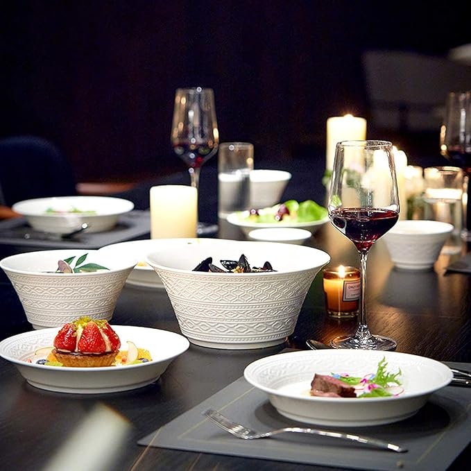 High-End Dinner Set,Ceramics Dinner Set,Pure White Relief Light Luxury 32 Pieces Bone China Dinnerware Sets | European Style Porcelain Steak Plates and Cereals Bowls for,