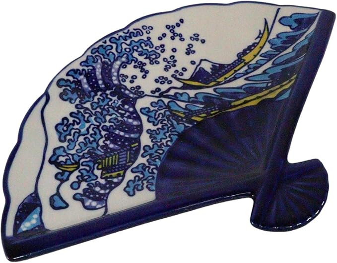 Ebros Pack Of 4 Colorful Oriental Folding Fan Shaped Appetizer Sushi Dessert Serving Dish Plates Decorative Asian Artistic Dinner Lunch Serveware Plate Set (White And Blue Hokusai The Great Wave)