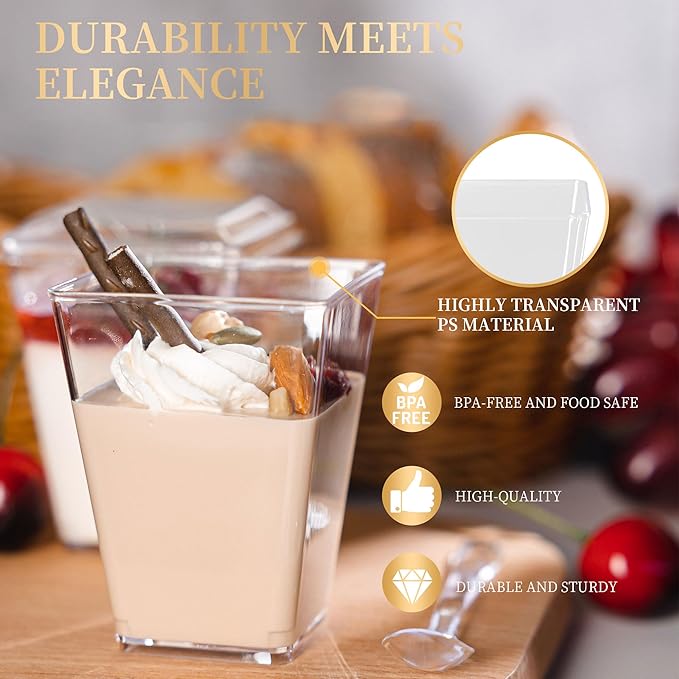 50 Pack 5oz Mini Dessert Cups with Soopns, Clear Square Dessert Bowls Small Plastic Yogurt Parfait Cups Appetizer Cup for Wedding Party