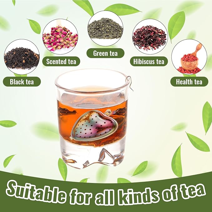 Sumind 50 Pcs Stainless Steel Tea Strainer Ball Infuser Loose Leaf Steeper Interval Diffuser Heart Shape Mesh Filters with Extended Chain Hook for tea party Seasonings Cup Bottle(Rainbow)