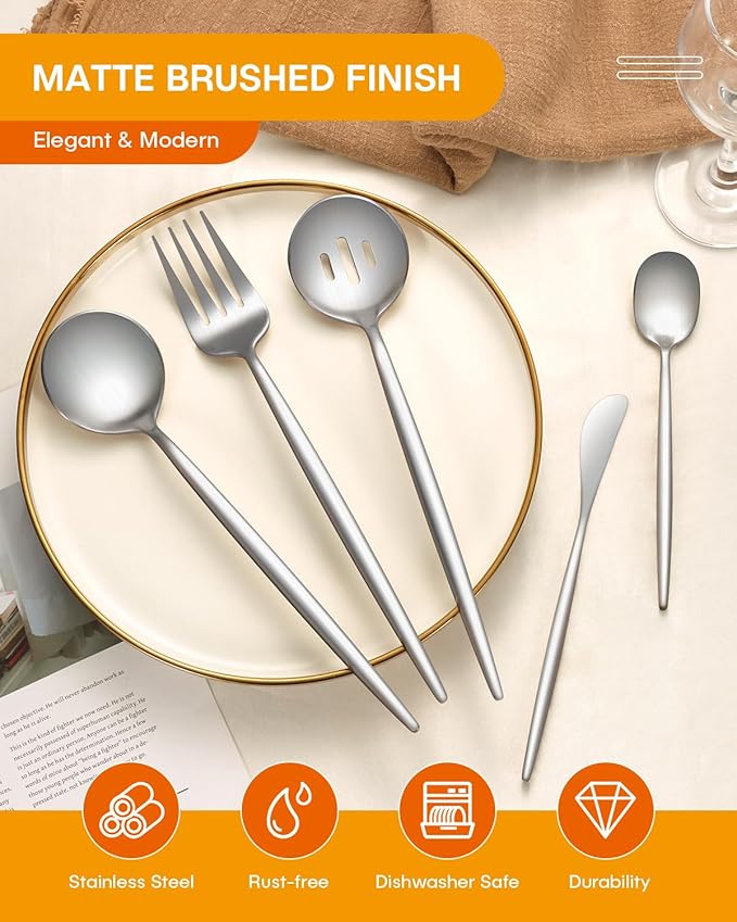 EUIRIO 5PCS Large Serving Utensils Set, Matte Hostess Flatware Serving Utensils, Heavy Duty Stainless Steel Serving Spoon, Slotted Spoon, Serving Fork, Sugar Spoon&Butter Knife, Dishwasher Safe