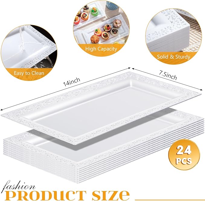 Maxcheck 24 Pcs Plastic Serving Tray Platter Set 14 x 7.5 Inches Lace Rim Serving Trays for Food Dessert Fruit Cupcake Weddings Table Parties Display (White)