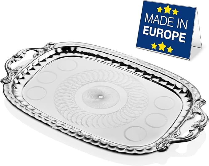 Hakan Stainless Steel Serving Tray with Handles, 19 x 11.6-inch Ornamental Rectangular Decorative Design Platter for Table. Party, Centerpiece Platter, Antique Wedding Decor, Silver