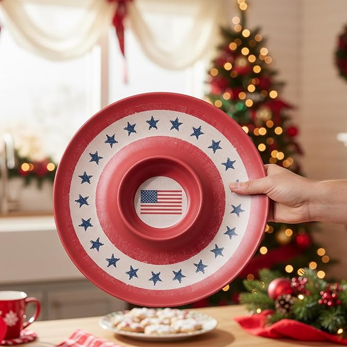 Kingen 2-Pack American Flag Serving Trays,18" Large Handled Tray & 13" Chip&Dip Platter, Stars & Stripes Dishes for 4th of July Independence Day, Picnics, BBQs & Parties (Bamboo Fiber, RBW)