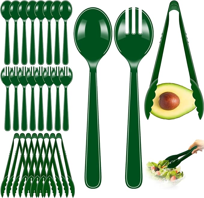 24 Pcs St. Patrick's Day Party Supplies, Plastic Serving Utensils Set 8 Tongs, 8 Spoons, 8 Forks, Heavy Duty Green Party Supplies for Buffet Holiday Restaurant Dinner Salad Noodles Soup and Daily Use