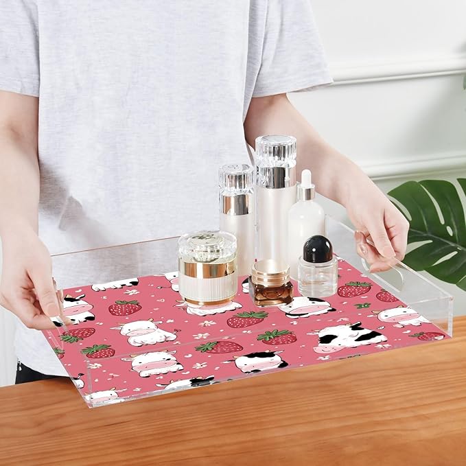 Serving Tray with Handles Clear Acrylic Tray 12x16 Inch Decorative Rectangular Tray Organizer for Ottoman Coffee Table Bathroom Cows Strawberry Flower