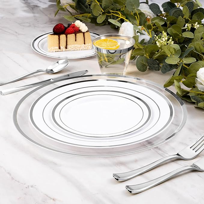 Goodluck 12 Inch Silver Charger Plates, 50 Pack Clear With Silver Trim, Disposable Plastic for Dinner, Wedding, Party