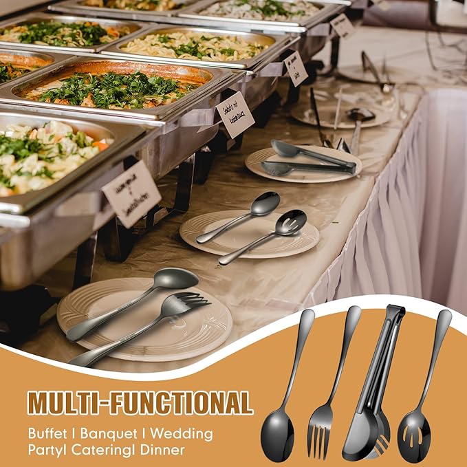 Patelai 15 Pcs Black Stainless Steel Serving Utensils Set 8.7" Large Spoons and Slotted Spoon 9.45" Tong 9" Forks Flatware Wedding Valentine's Day Holiday Party Buffet Banquet Cooking Kitchen Catering
